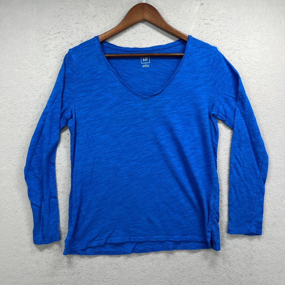 Gap T Shirt Womens S Blue The Relaxed Tee Long Sleeve V Neck Paper Thin Casual